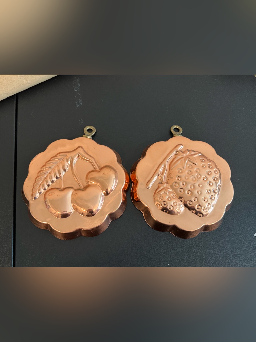 Vintage Pair of Small Fruit Jello Molds Copper Cherry Strawberry Kitsch Cottage